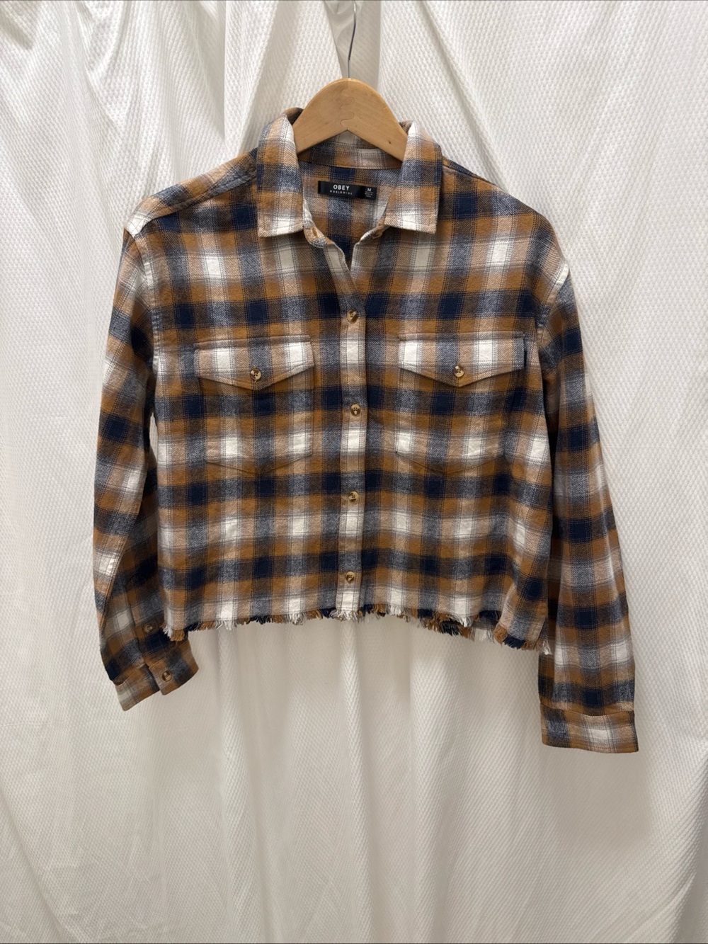 Obey Plaid Cropped Button-Up Jacket in Tan, Navy & White